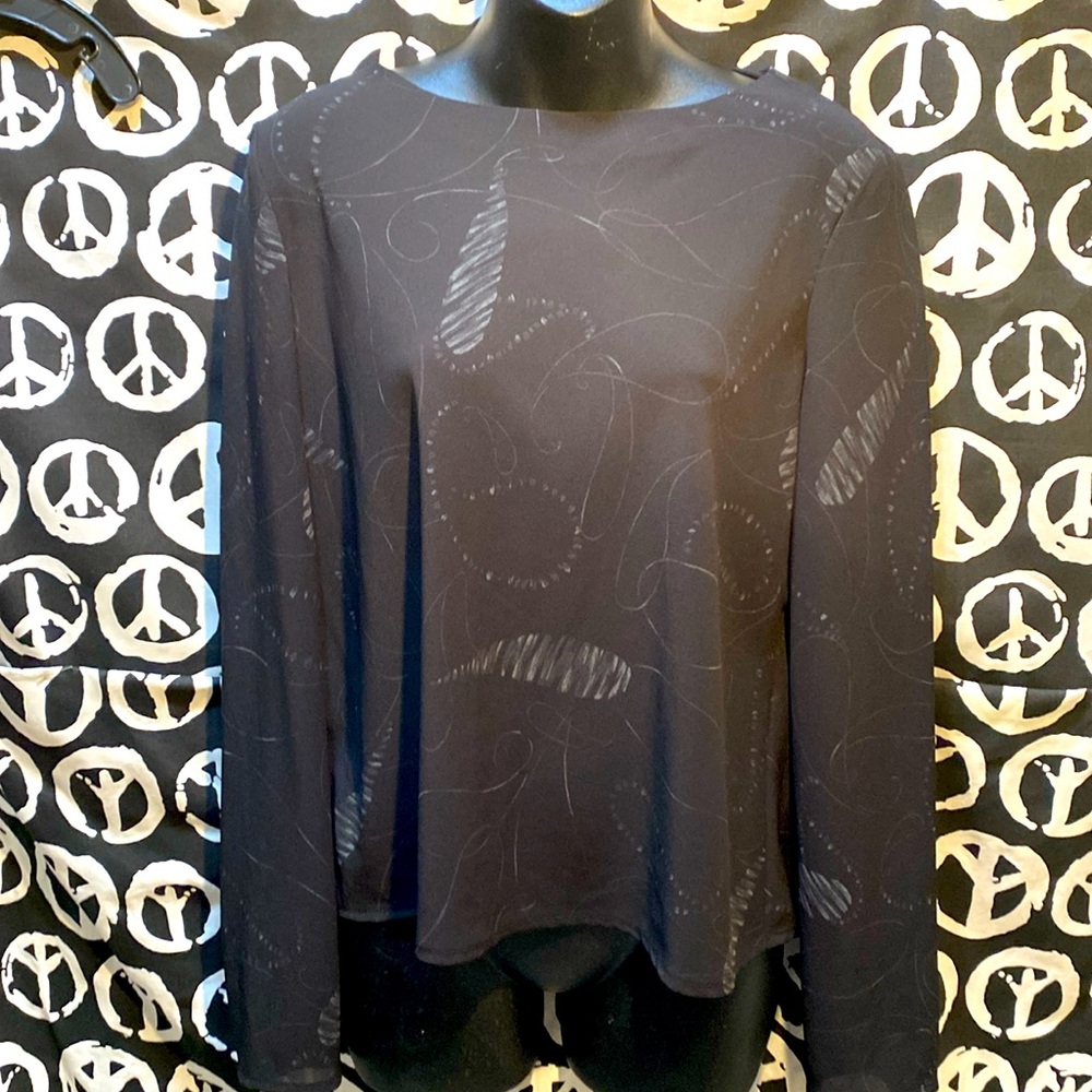 RENA ROWAN PETITE BLACK/GREY SCOOP NECK GRAPHIC SHEER LONG SLEEVE BLOUSE SZ 14P